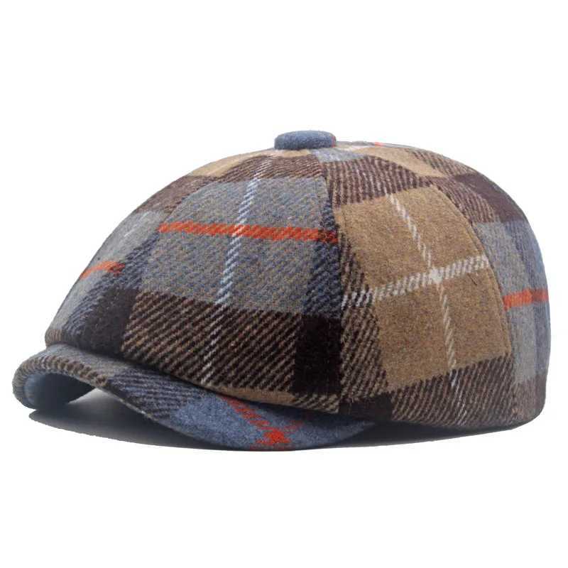 plaid beret hat autumn and winter warm blend forward hat mens and womens newsboy hat octagonal hat J251125