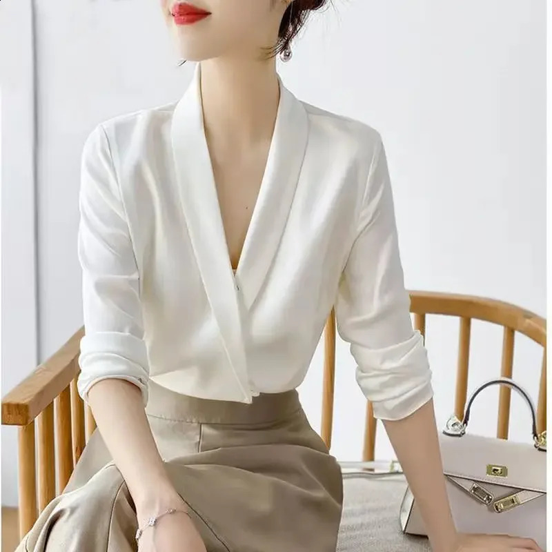 Womens Tunic V-neck solid color elegant top for spring and autumn office womens silk satin solid color black and white long sleeved womens shirt 25041