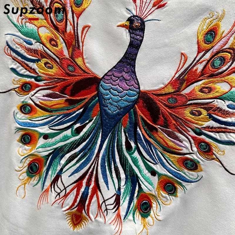 Supzoom New Arrives Summer High Street Peacock Embroidered Neutral O-Neck Casual Heavy Pattern Cotton Loose Mens T-shirt W250425