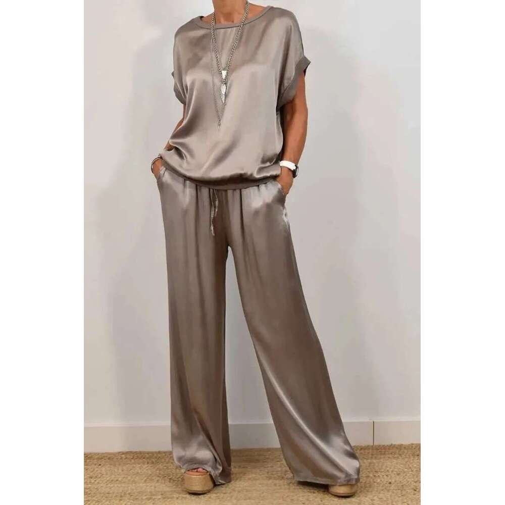 Spring Summer Fashion Smooth Satin Two Piece Sets Women's Outfits New O-Neck Short Sleeve Top Wide Leg Pant Casual Loose Suits