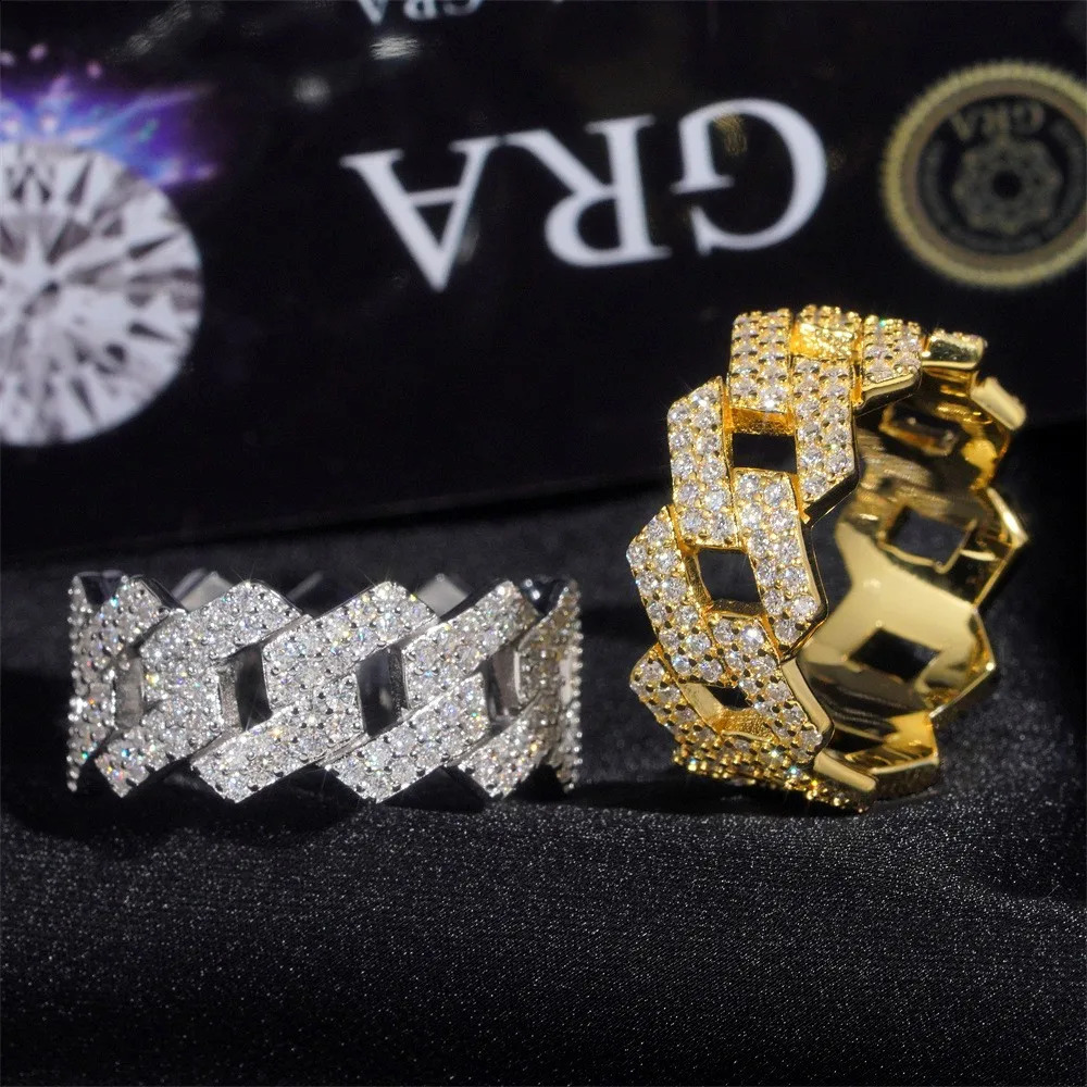 Gra Certified Full Diamond Cuban Rings for Men Women 100% 925 Sterling Silver Hip Hop Double Row Band Ring 250425