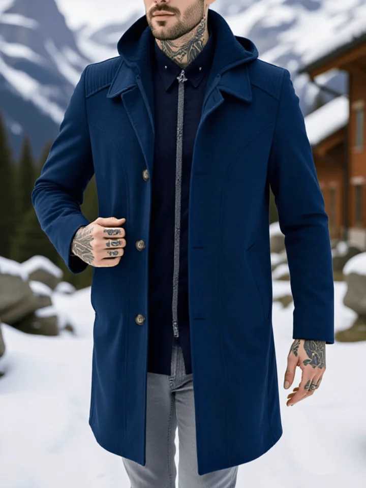 Mens Convertible Wool Coat Single-Breasted Zippered Hooded Wrinkle-Resistant Trench Style for City LifeT251125