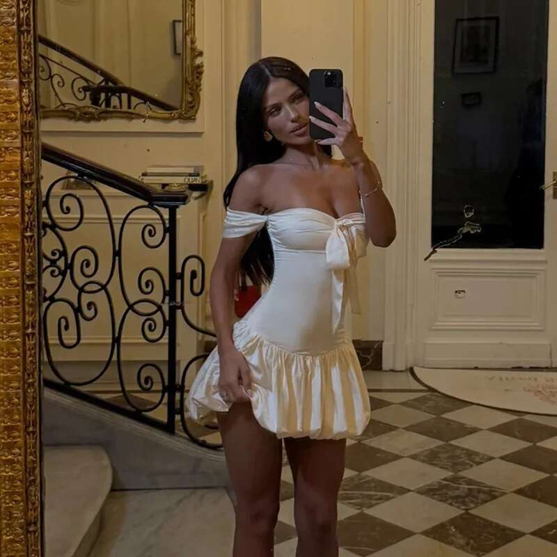 Dongdumaoyi Townlike A Line Pleated Ball Gown Dress Women Off Shoulder Mini Spring Summer Backless Nightclub Sexy Party Dresses