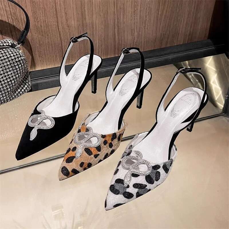 Spring and summer pointed plush snake-shaped rhinestone shoes thin high-heeled banquet dress large small size women sandals