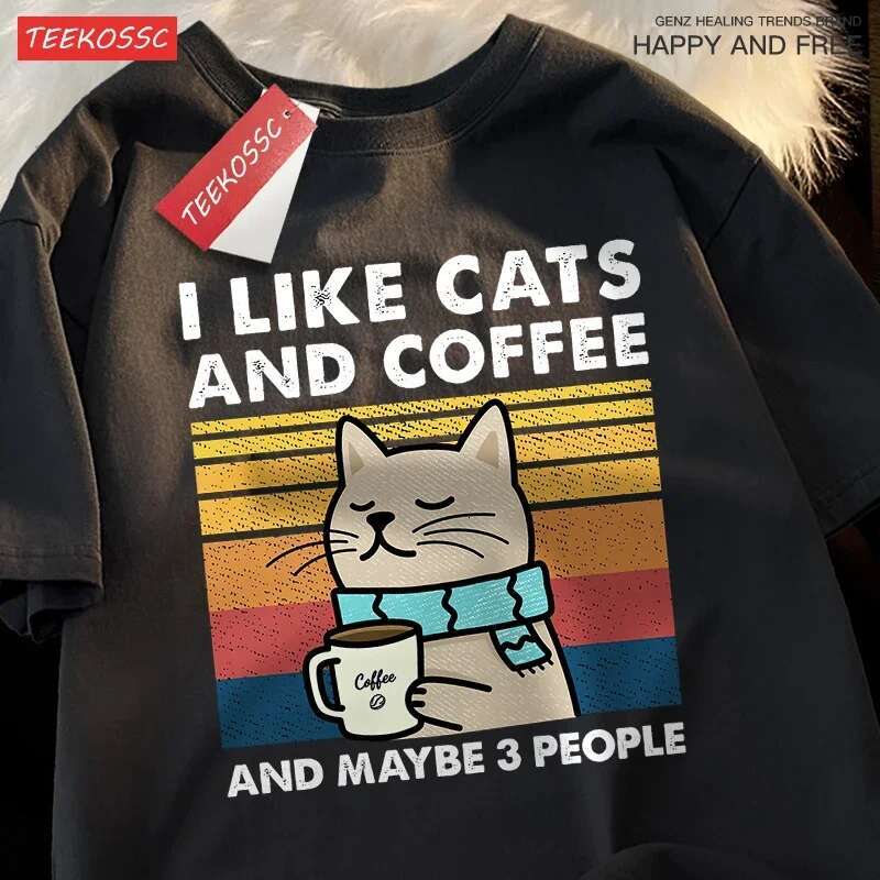 Dongdumaoyi I Like Cats And Coffee Women S T Shirt Cotton Hip Hop Fashion Loose Round Neck Street Couples