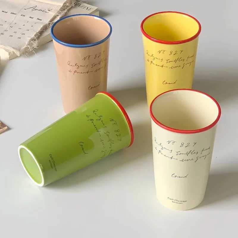 Straight Water Cup Creative Japanese Letter Large Capacity Ceramic Coffee Cups Couple Household Mug Vintage Drinkware Y251125