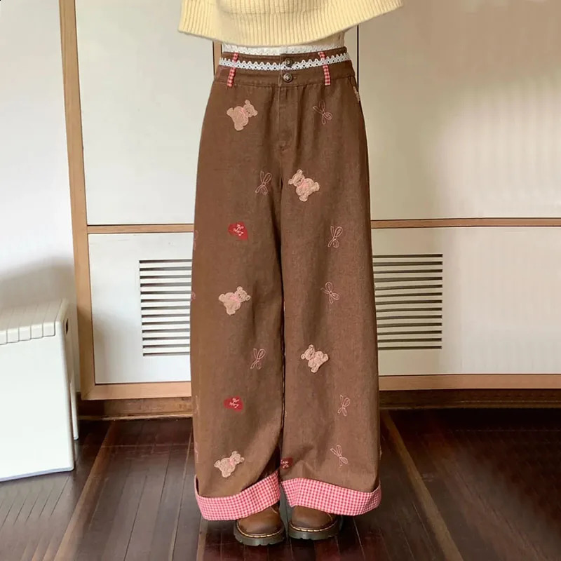 Jmprs Retro Bear Embroidered Jeans Womens Casual Bag Straight Trouser Y2K Lace Plain Splicing Denim Pants Womens 250422