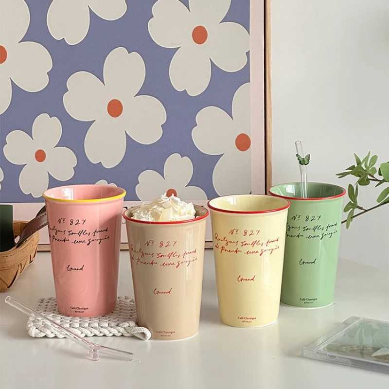 French Ceramic Coffee Mug 450ml Water Cup Vintage Paper Cup Letters Ceramic Hand Hold Tall Mug Coffee Cups Breakfast Juice Mugs Y251125