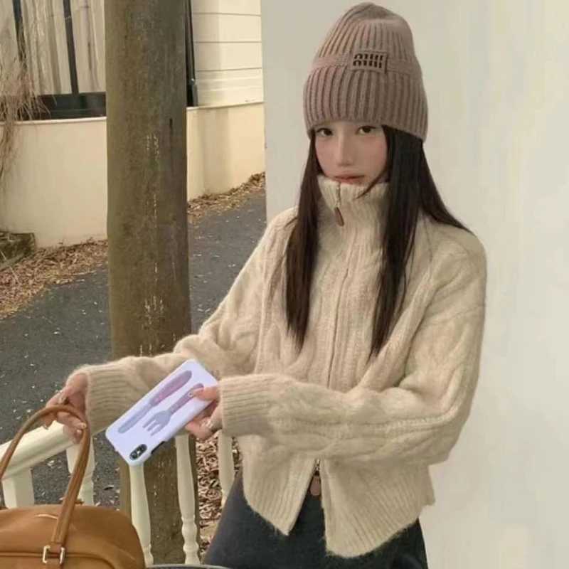 Solid Color Double Zipper Retro Casual Spring and Autumn Womens Knitted Cardigan Korean New Lazy Style Versatile Sweater CoatT251125