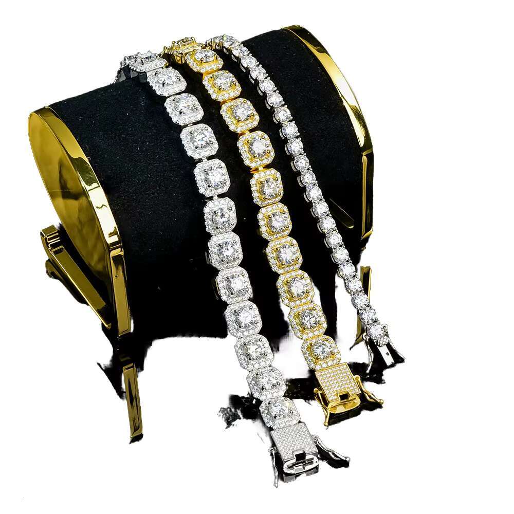 Hip Hop Moissanite Clustered Tennis Bracelet Yellow / White Gold Plated Square Clustered Cuban Chain Bracelet Bangle 925 Silver
