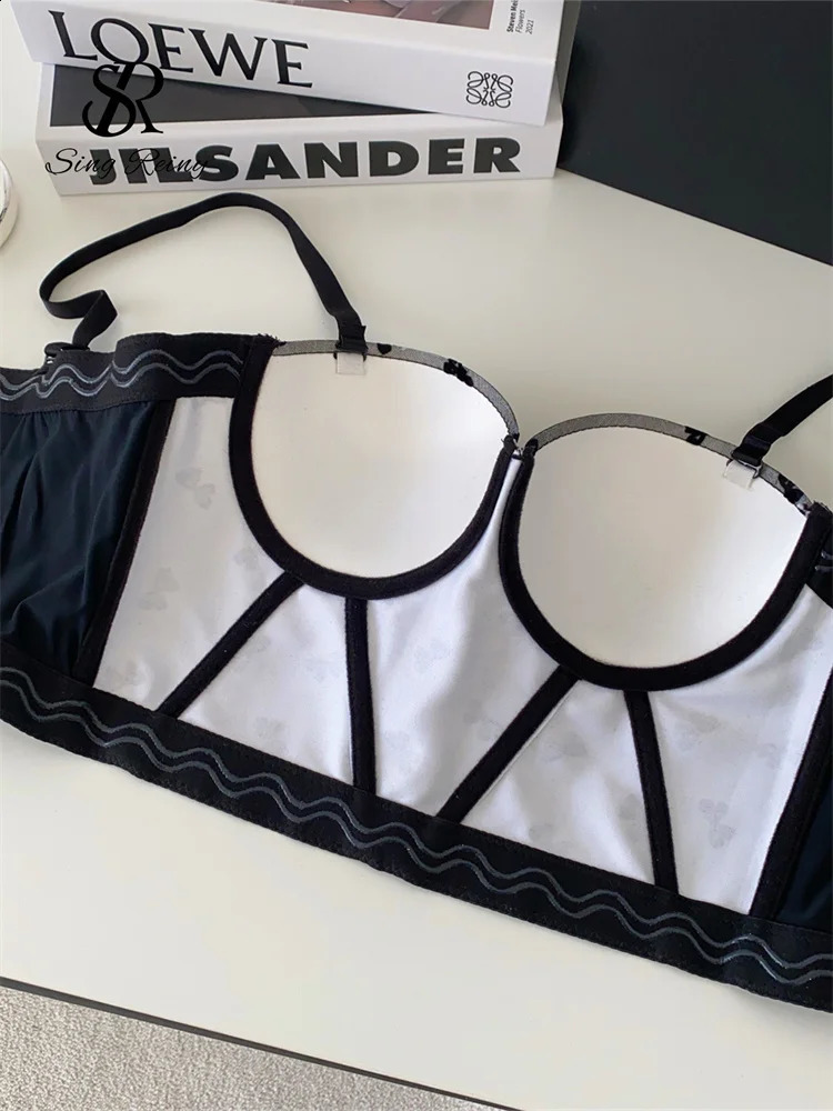 Singreiny week mesh tight corset lingerie top for women with shoulder straps ultra-thin backless vest top French bow patch work sexy mini vest 250422