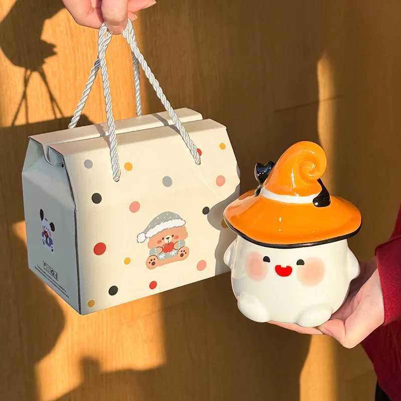 Cute Ceramic Ghost Cat Mug with Lid Bestie Souvenir Gift Box Birthday Water Cup Y251125