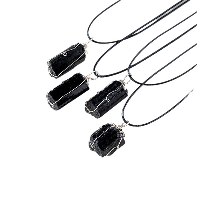 JLN Rough Black Tourmaline Wire Wrapped Pendant Raw Jet Stone With Wax Rope Chain Necklace Gift For Men Women