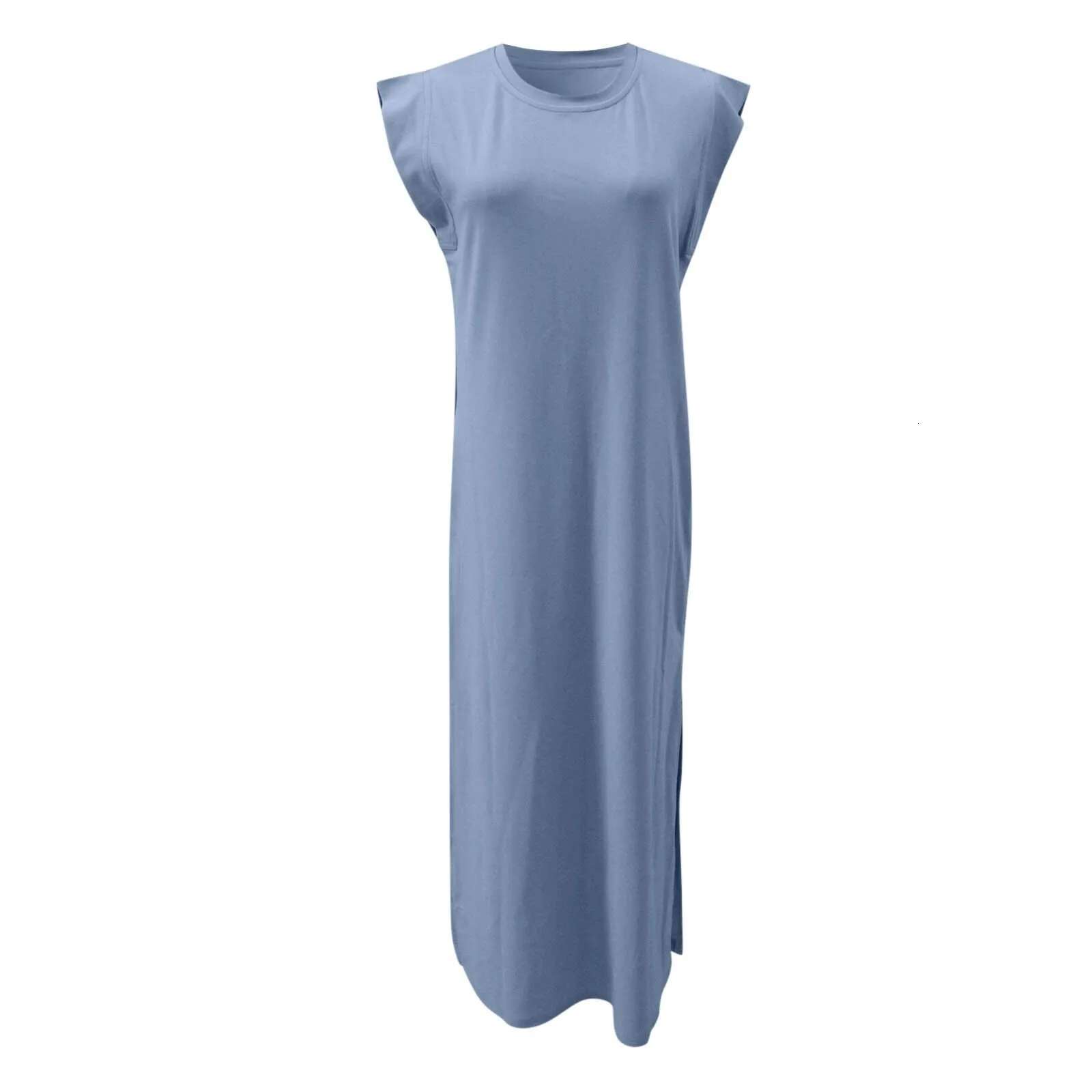 Dongdumaoyi Summer Dress For Women Casual Solid Color Side Split Flowy Long Short Sleeve Crew Neck Beach Sundress Vestidos