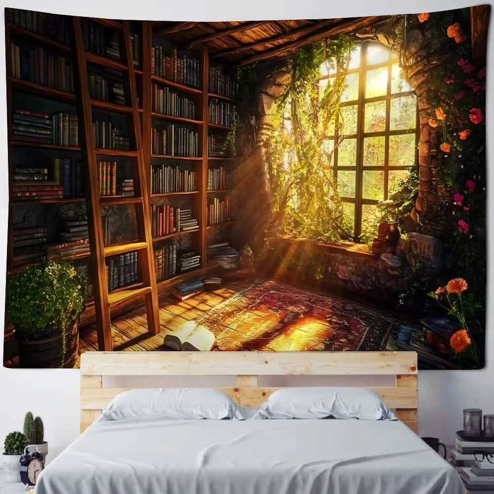 Magic Bookshelf Tapestry Library Living Room Wall Hanging Decoration Items Aesthetic Dorm Home Decor Wall Art Background ClothM251125