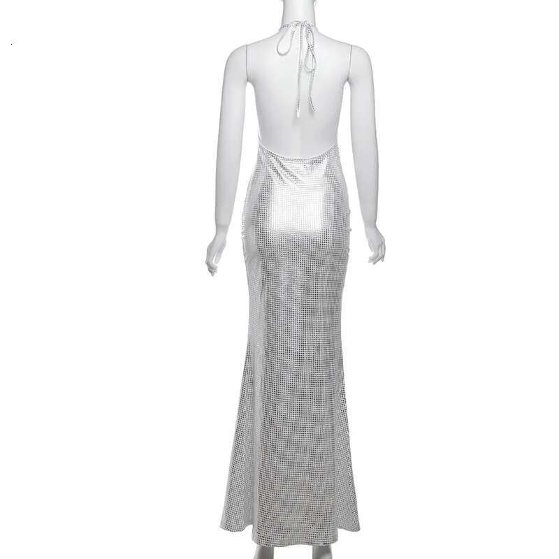 Dongdumaoyi Townlike Elegant Maxi Long Slim Bodycon Dress Women Halter Spring Summer Sparkle Glitter Nightclub Sexy Party Dresses