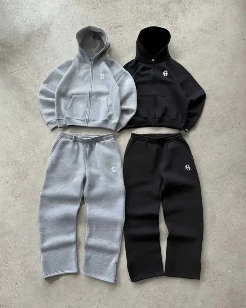 Y2K letter zipper hoodie mens Harajuku fashion letter embroidery pants retro super large hooded sweater zipper 2-piece set M250425