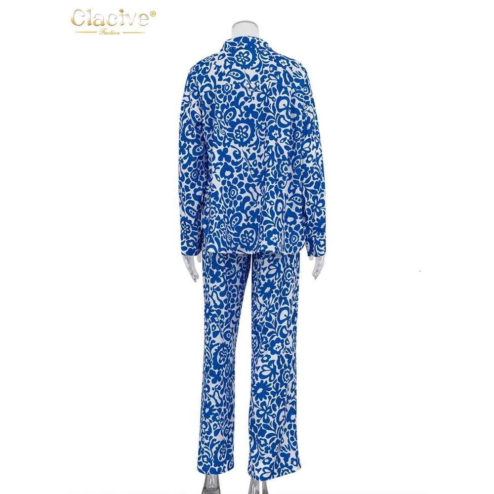 Clacive Fashion Loose Print 3 Piece Women Outfit Elegant Long Sleeve Blouse + Sleeveless Tube Top With High Waist Pants Set