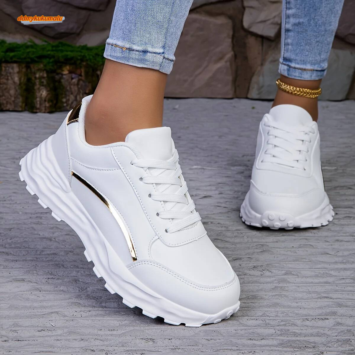 Women's Solid Color Casual Sneaker, Lace-up Lightweight Soft Sole Walking Shoes, Low-Top Comfortable Training Shoes ddmykukumalu