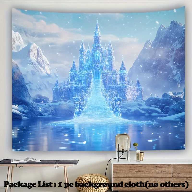 VIKAMA Ice Castle Tapestry Nordic Style Blue Glow Snowy Lake Background Wall Decor Christmas Winter Room DecorM251125