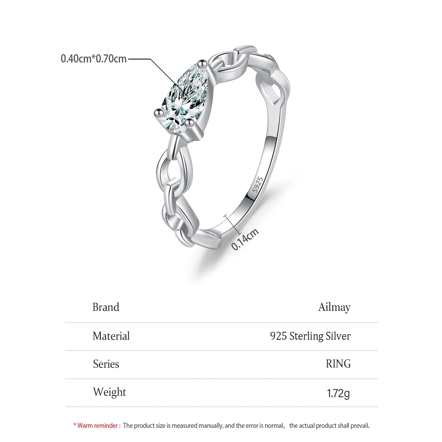 Ailmay 925 Sterling Silver Shiny Pear Shaped Zircon Cuban Chain Ring For Women Vintage Jewelry Accessories Gifts 250425