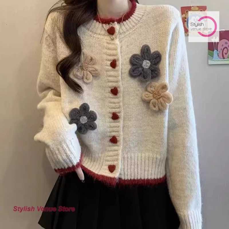 French style three-dimensional flower love button knitted cardigan womens autumn and winter new single-breasted sweater coatT251125