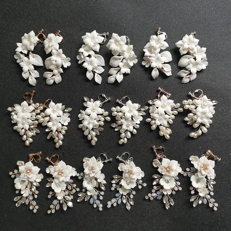 SLBRIDAL Handmade Rhinestone Crystal Pearl Ceramic Flower Bridal Pendant Earrings Wedding Pendant Earrings Fashion Womens Jewelry 250422