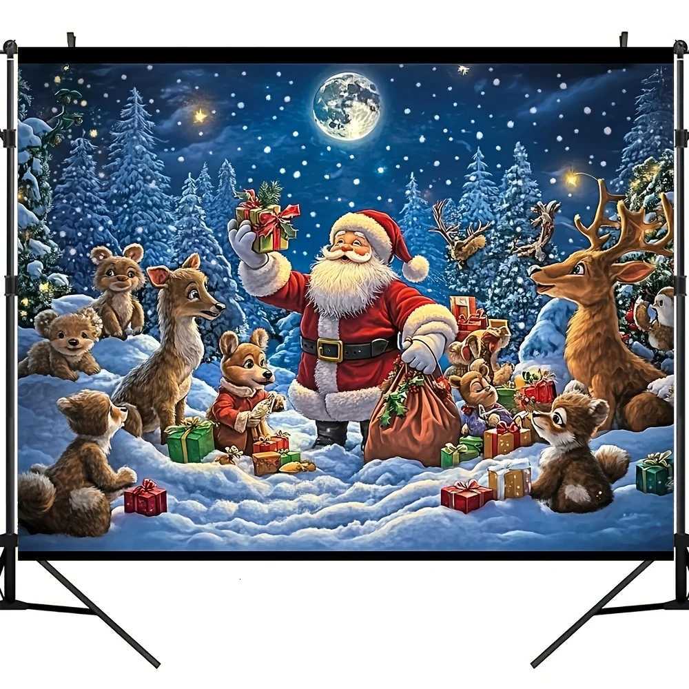 1pc Santa Claus and Reindeer Christmas Tapestry with Snow Scene Elf Deer Decor Christmas Tree Door PartyOrnaments BackdropFabricM251125