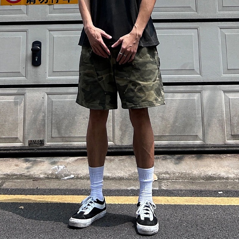 Camouflage shorts, American style multi pocket work summer cropped loose casual mid length pants, trendy