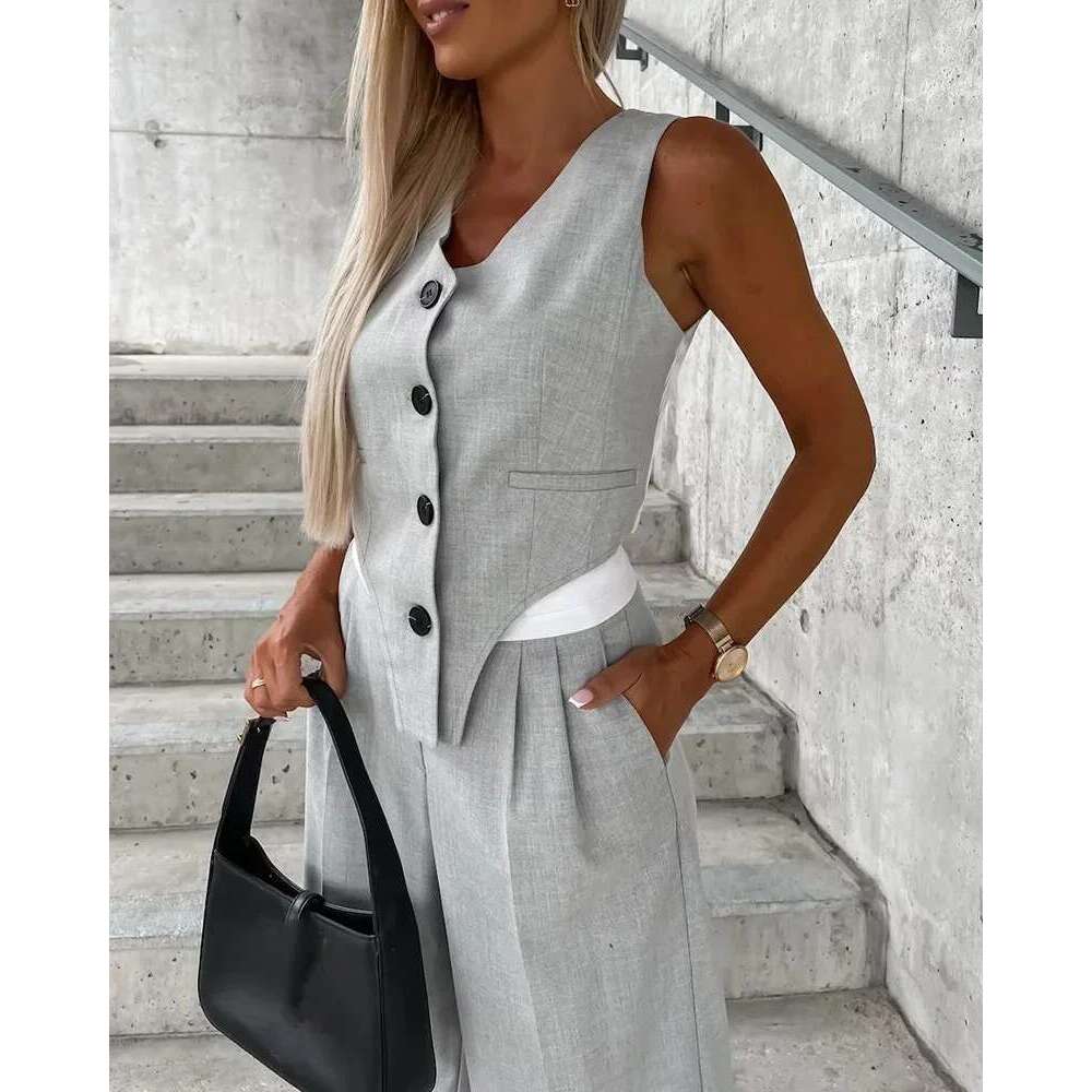 Summer Autumn Two Piece Women 2025 Fashion Sleeveless Striped Vest Blazer Top And Ruched Wide Pants Set For Office Suit