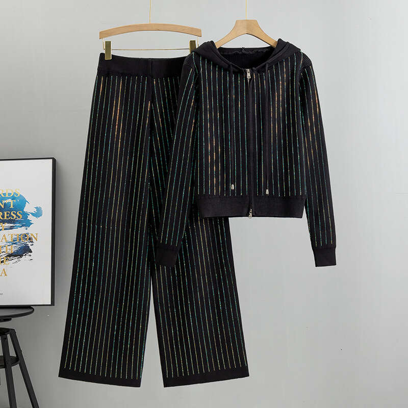 Womens Wide Leg Pants Hooded Knit Cardigan Two-piece Set Womens Autumn Fashion Loose Casual Hot Diamond Set New Pattern Popular New Arrival New Produc