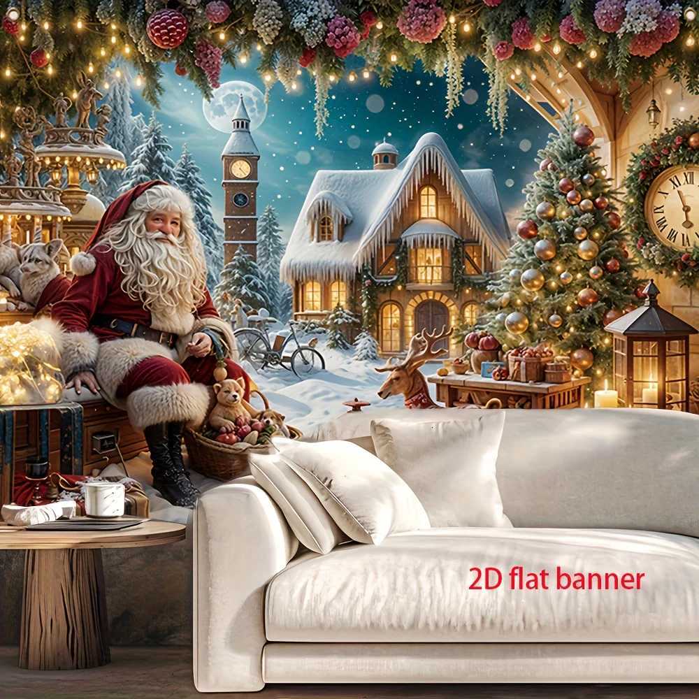 tapestry Festive Christmas - Durable Polyester Santa Claus Gingerbread House Scene with Snowy VillageM251125