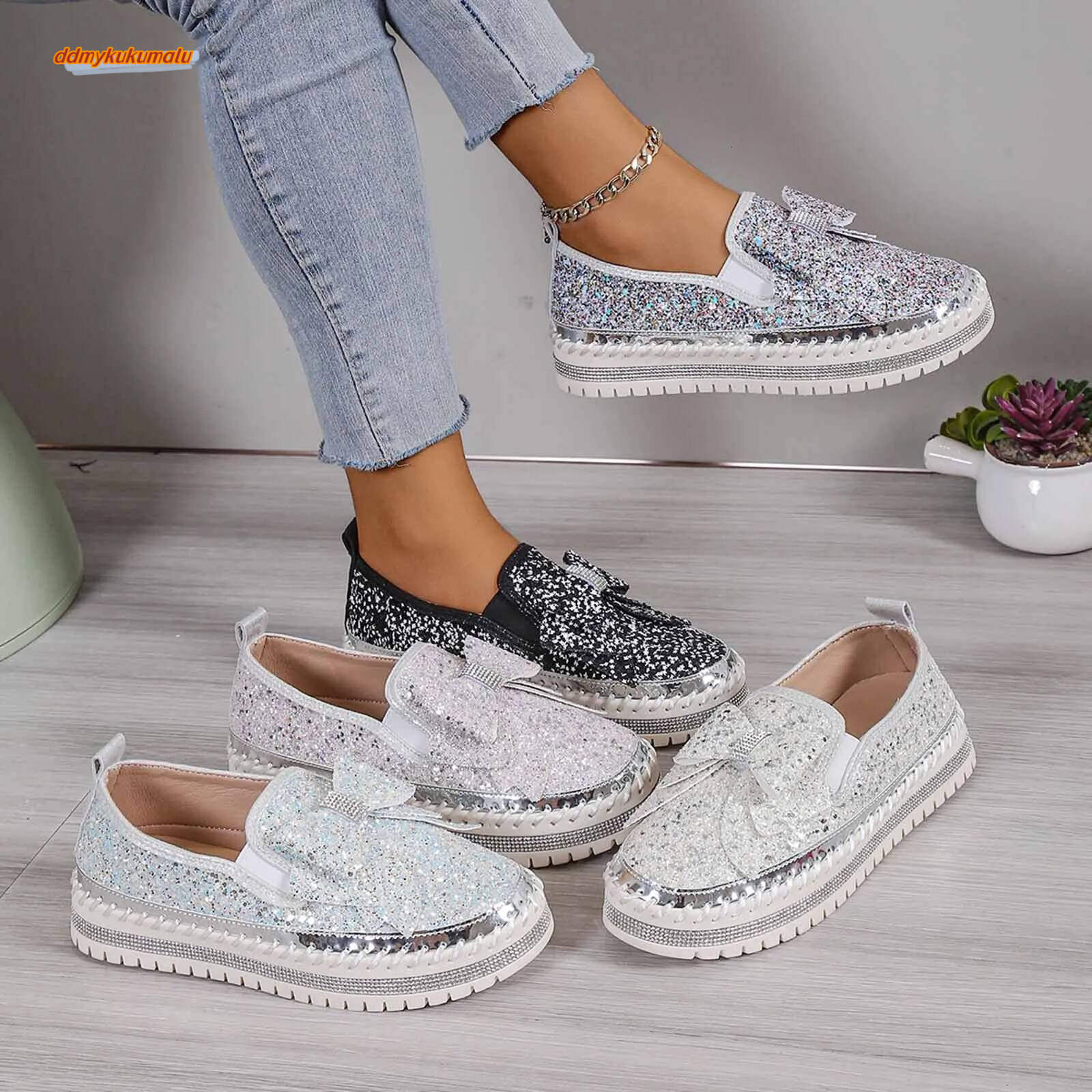 Sneakers Women'S Fashion Sequin Bow Slip On Casual Comfortable Shoes ddmykukumalu
