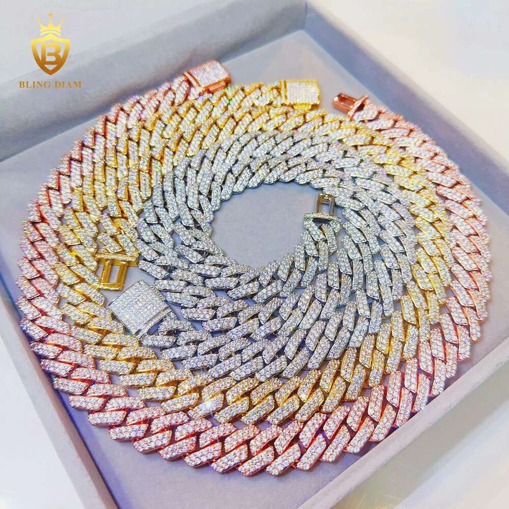 Blingdiam Jewelry Hip Hop Cuban Chain Necklace 15mm Copper 2Rows 5A+ Moissanite Diamond Cuban Link Chain for Men