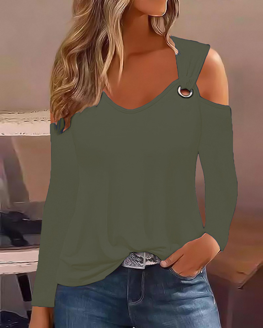 2023 autumn simple metal buckle V-neck shirt womens round neck shirt