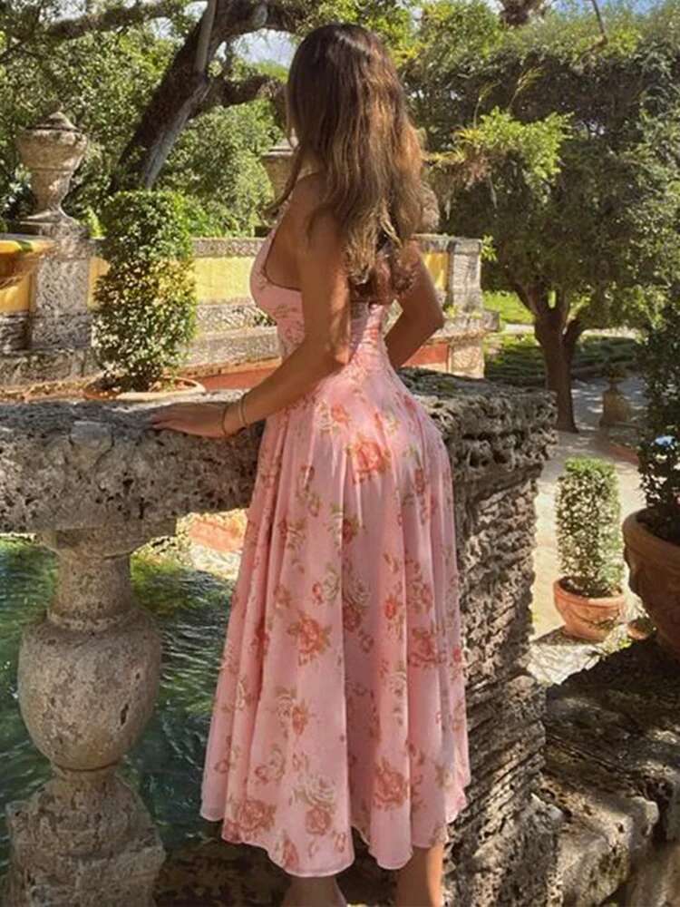 Dongdumaoyi Townlike Floral Print Waist Wrap A Line Dress Women Halter Summer Backless Sexy Party Elegant Midi Long Dresses
