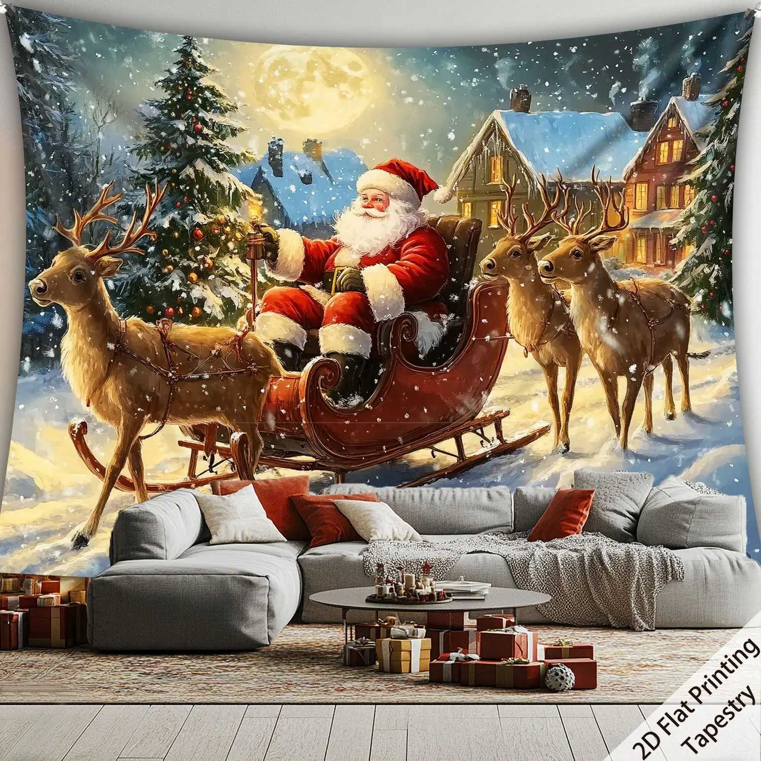 Winter Wonderland Tapestry Large Santa Sleigh with Reindeers Polyester Wall Decor for Indoor Outdoor Christmas Party BackgroundM251125