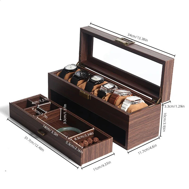 Wood Grain Leather 6-position Watch Storage Box Watch Box Double-layer Collection and Storage Jewelry Box 250424