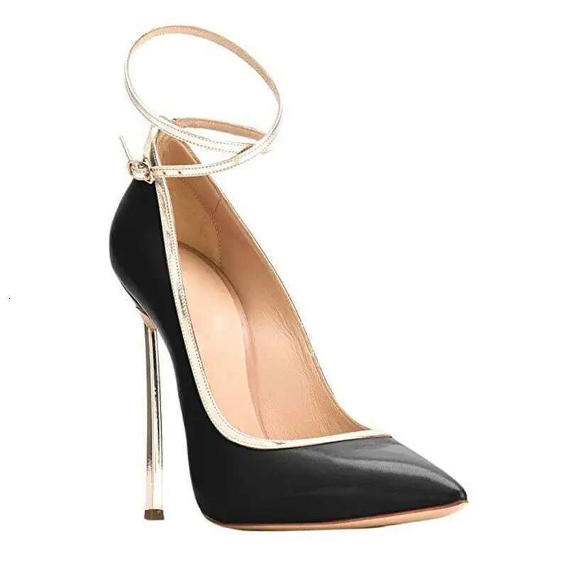 Spring and autumn new pointed shallow leather lace-up single metal high-heeled banquet dress large size women's shoes