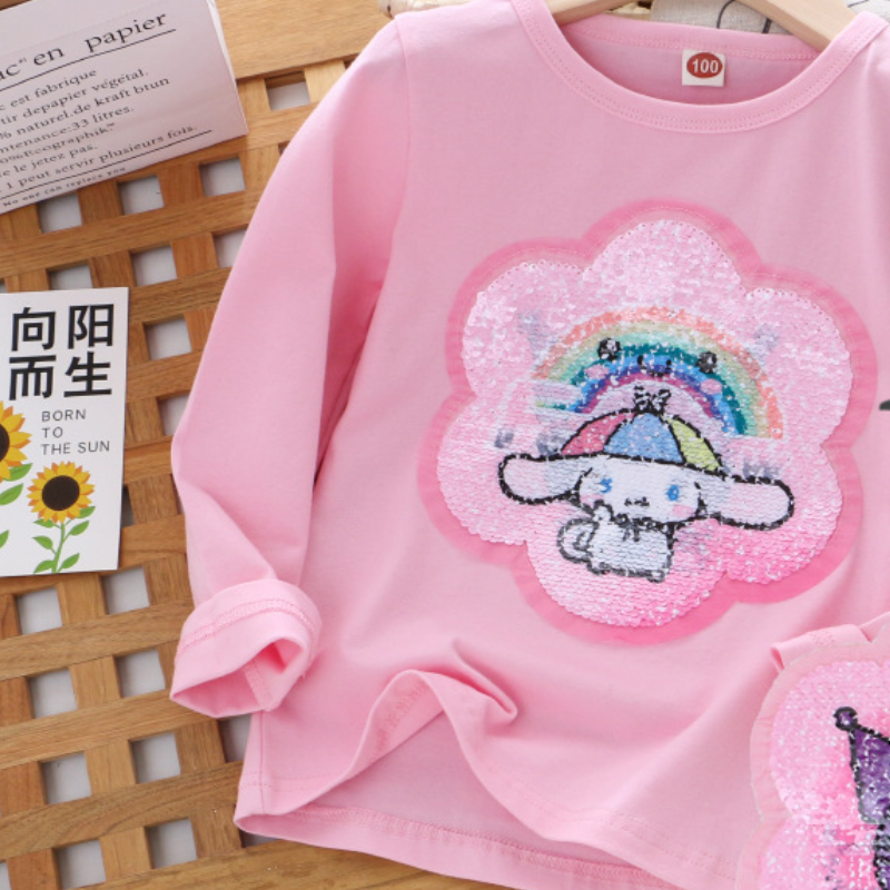 Disney girl designer t-shirt children's cotton top girl color changing sequin t-shirt spring and autumn top girl's top comfortable soft prin