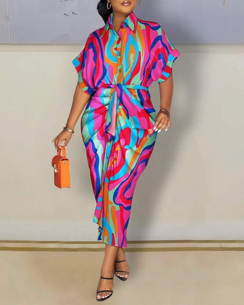 2022 Autumn Long Sleeve V-Neck Button Print Shirt Dress Women