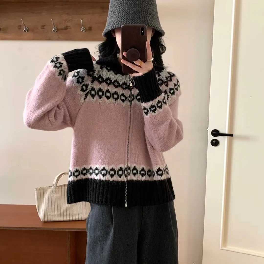 Women Print Knit Sweater Zipper Cardigan Turn Down Collar Full Sleeved Jumpers Sweaters Casual Splice Streetwear ThickT251125