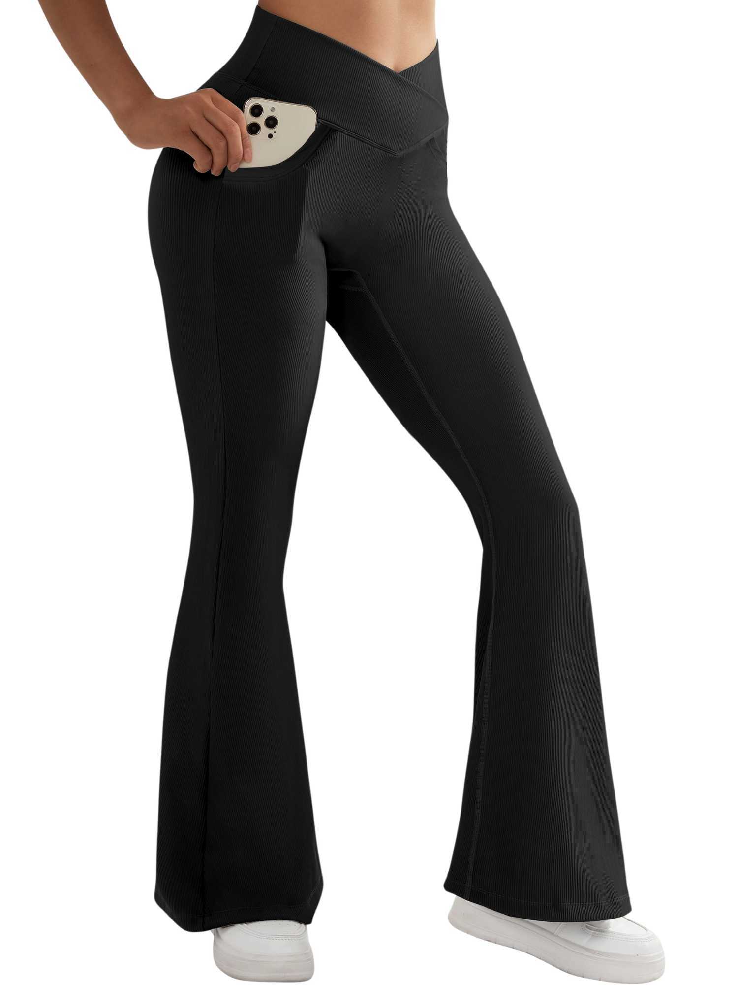 2 pockets high waist elastic ultra-thin womens flange legs solid elegant Versatile tight fitting womens street leisure yoga fitness exerciseC250425