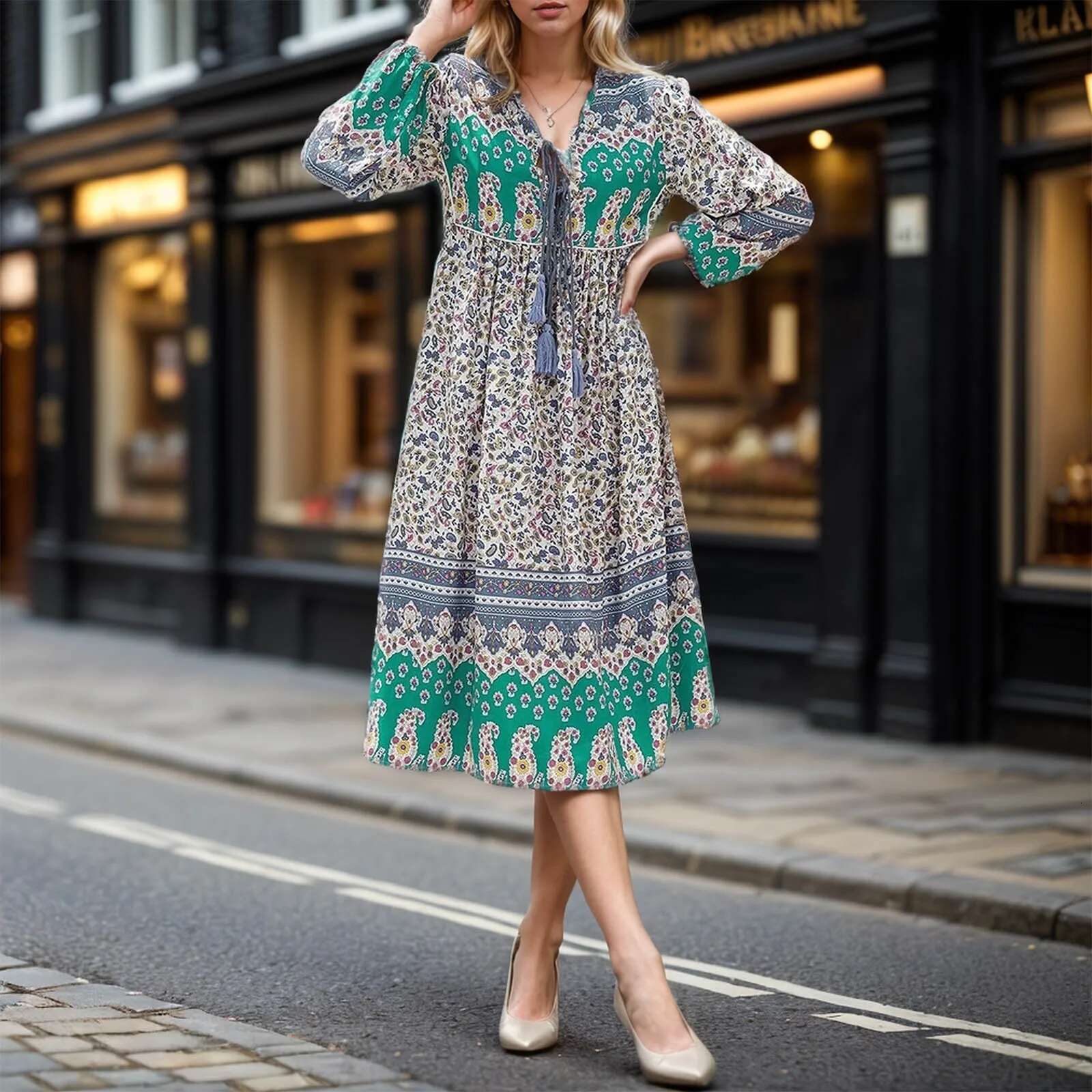 Dongdumaoyi Vintage Chic Women Tie Neck Long Sleeve Floral Porcelain Print Beach Bohemian Maxi Dresses Ladies Rayon Cotton Boho Dress Robe
