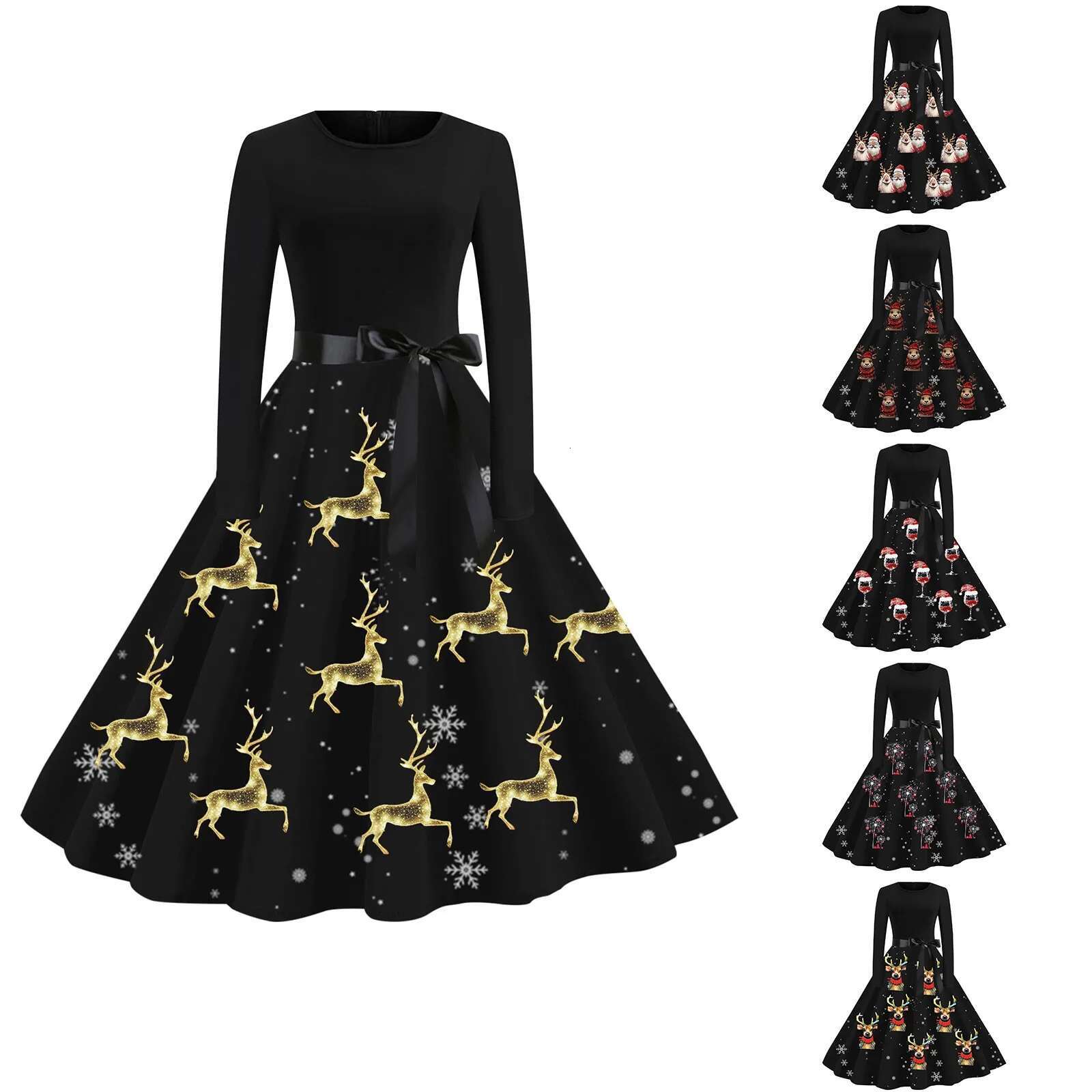 Dongdumaoyi Winter Christmas Dresses Women S Vintage Robe Swing Pinup Elegant Party Dress Long Sleeve Casual Print Black Vestido