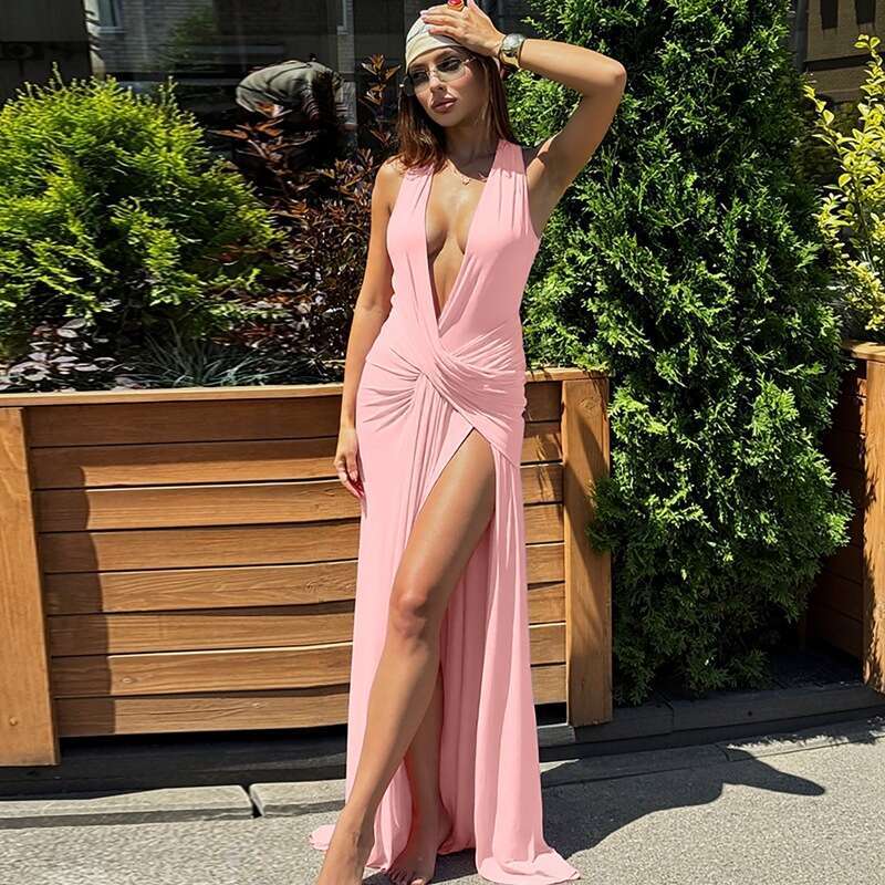 Dress for Women Designer Luxury 2025 Summer New Fashion Hot Girl Deep V Halter Neck Ruched Backless Irregular Dress - view 4
