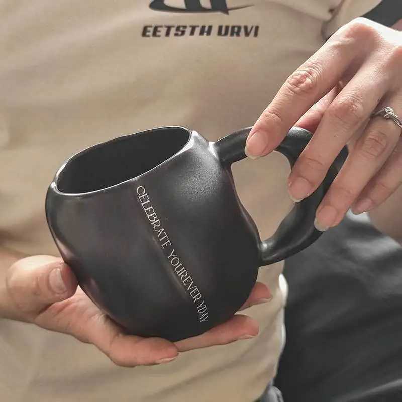 Simple Matte Black White Ceramic MugsOffice Coffee Milk Couple CupsHome Text Pattern MugIrregularity DrinkwareHoliday Gifts Y251125