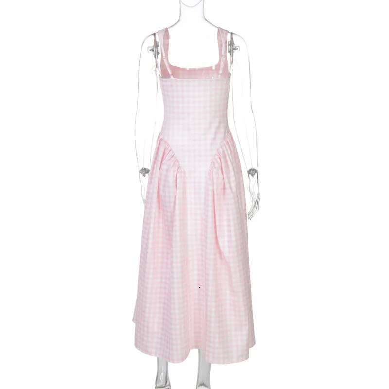 Dongdumaoyi Townlike Plaid Print Midi Long A Line Dress Women Spaghetti Strap Spring Summer Backless Nightclub Sexy Party Dresses