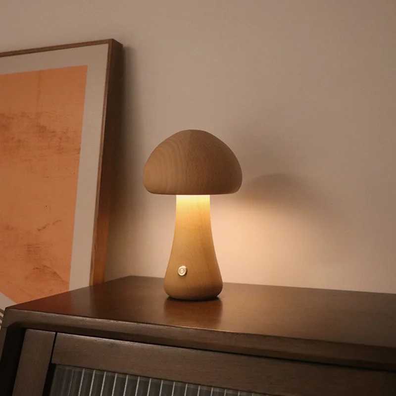 Claeted Wooden Mushroom Bedside Table Lamp Touch Switch INS LED Cute Night Light for Bedroom Childrens Room Sleeping Night LampsM251125