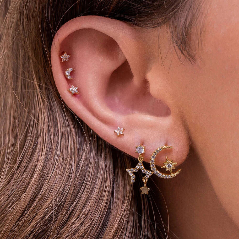 Moon Chain tassel Hexagram Star Personalized Fashion Zircon Earnail Set Women's Eardrops Earrings